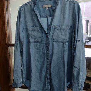 Side Stitch Button Down Roll-Sleeve Shirt, Size XXS